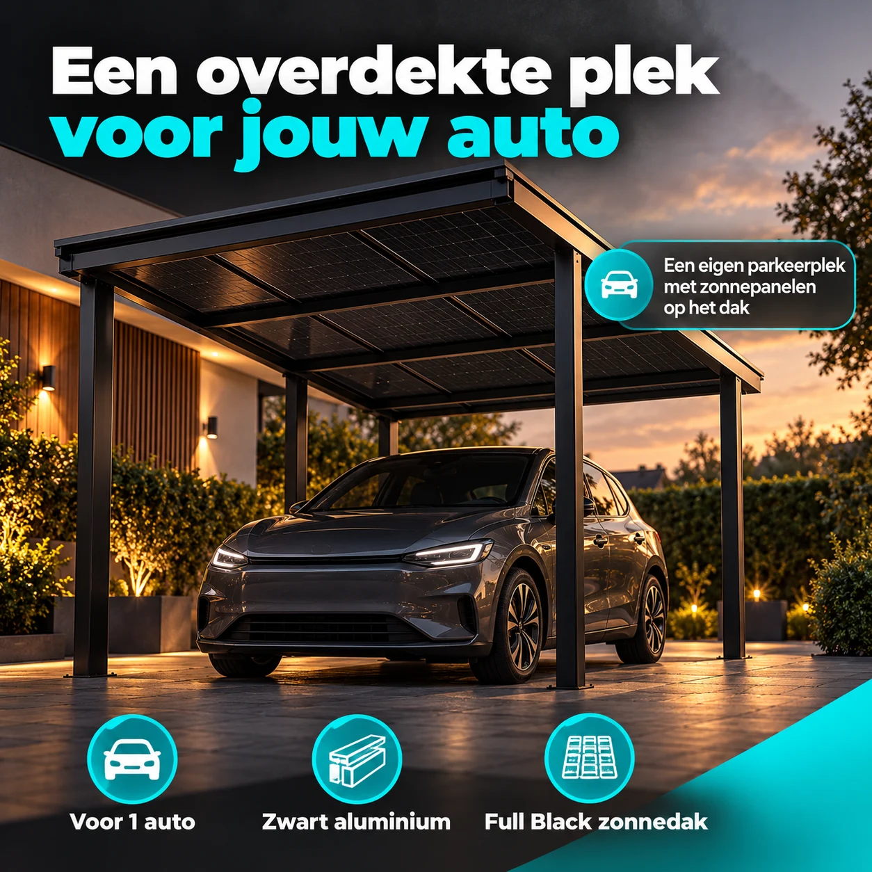 Compleet single solar carport pakket zwart voor één auto