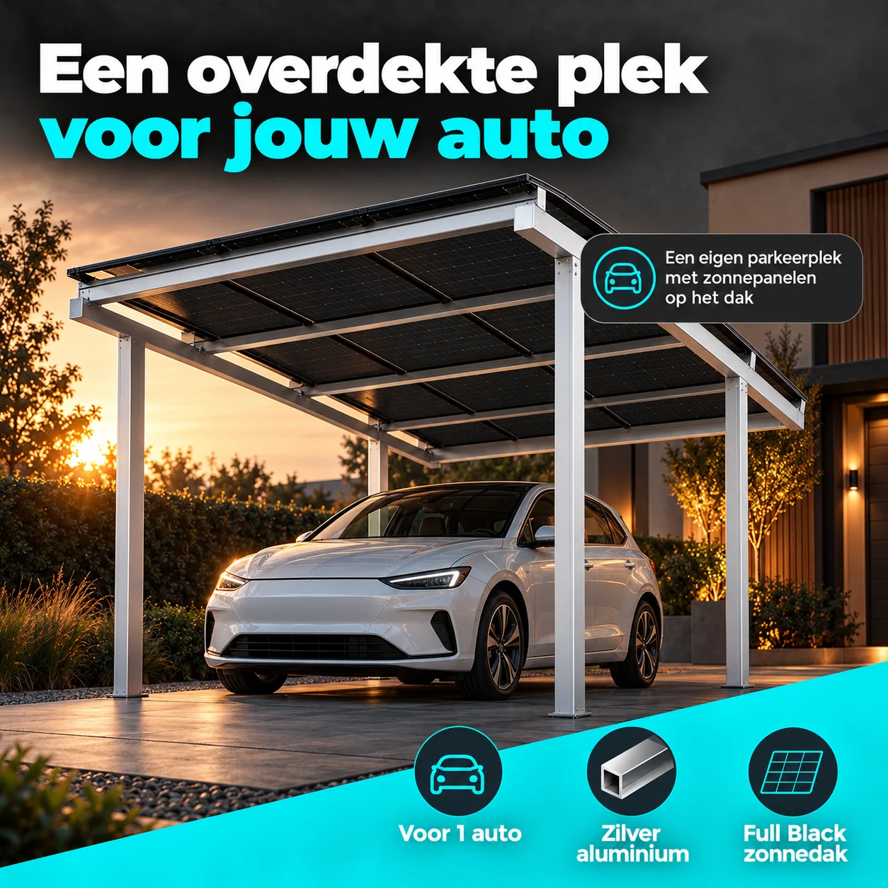 Compleet single solar carport pakket zilver voor één auto