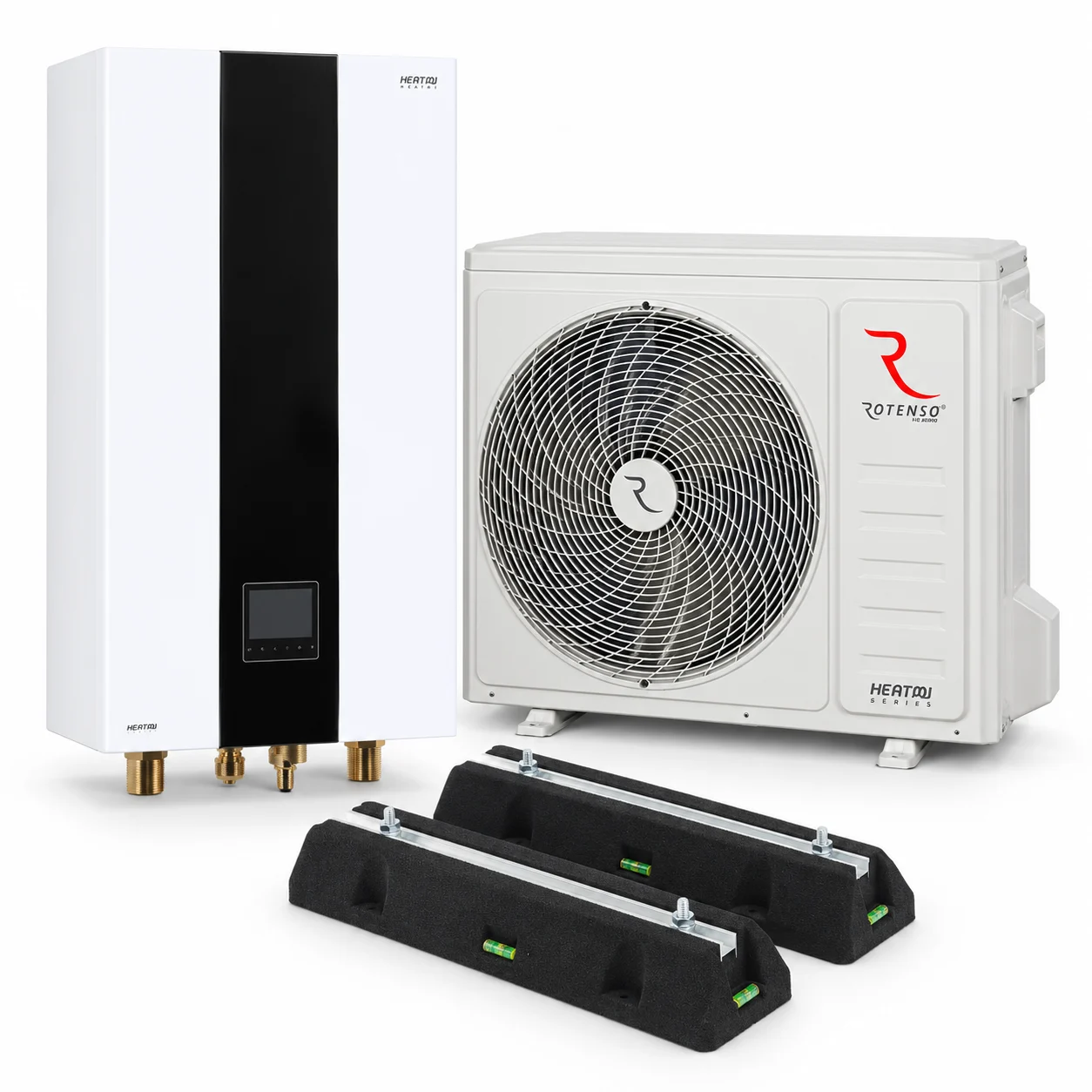 Rotenso Heatmi split buitenunit en hydrobox met set rubberen blokken